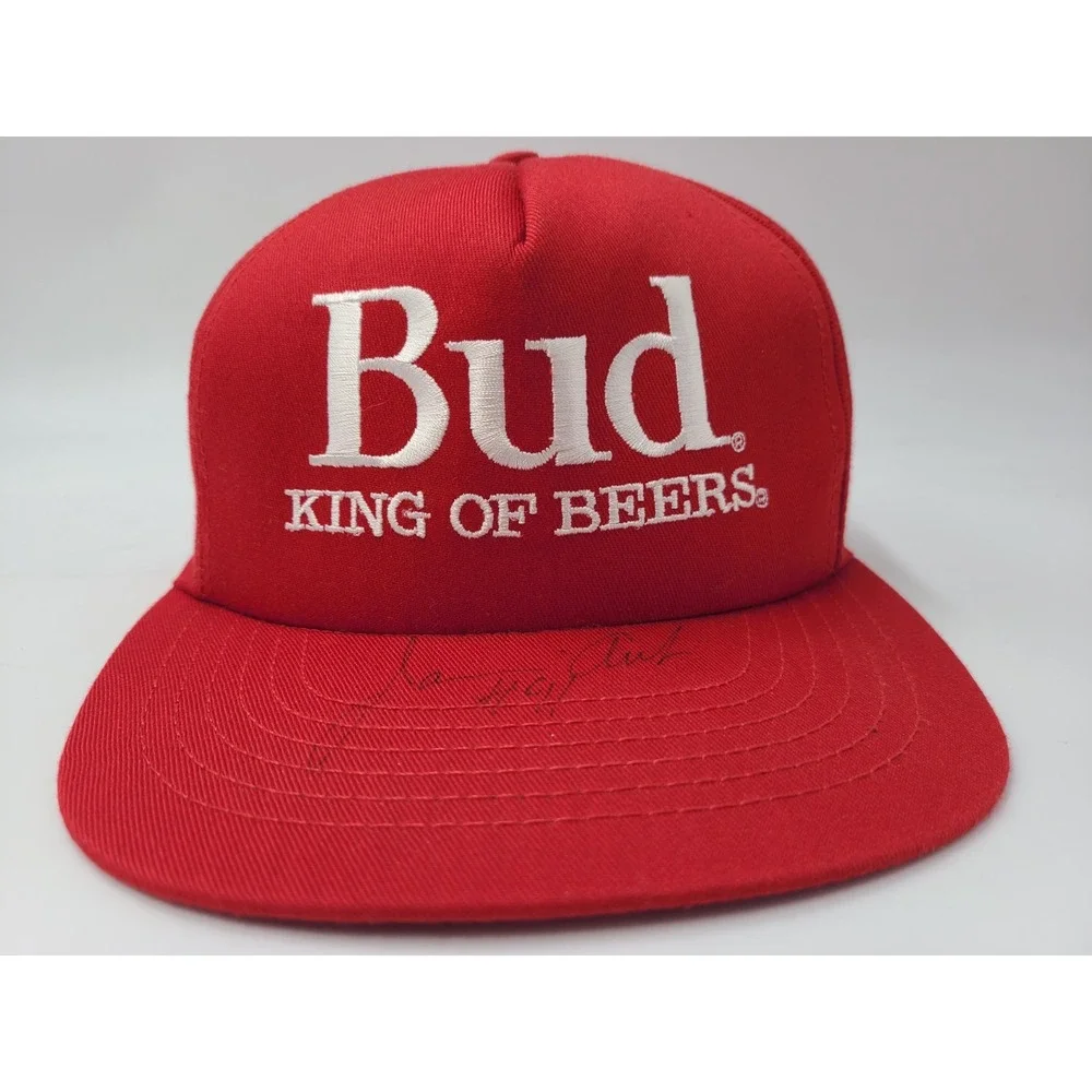 Vintage Budweiser Bud King of Beers Signed Autographed Snapback Hat Cap Beer Red